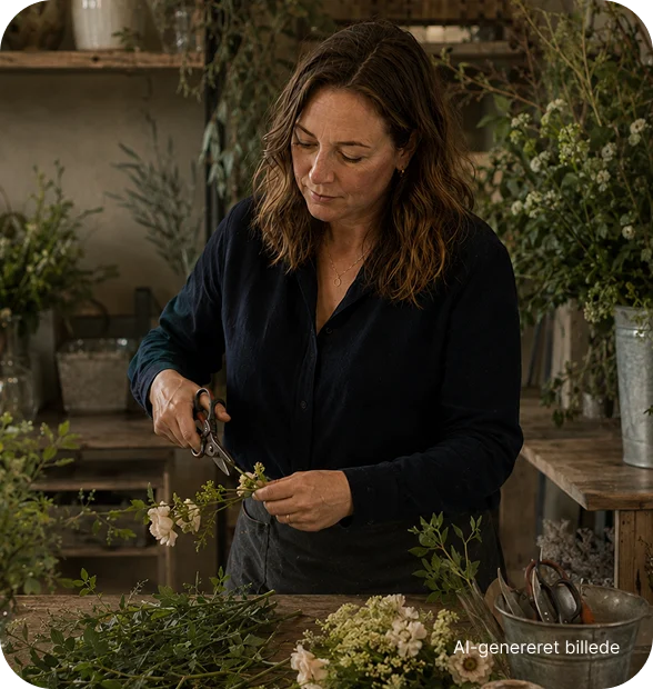 Kvinde klipper og arrangerer blomster på en arbejdsplads