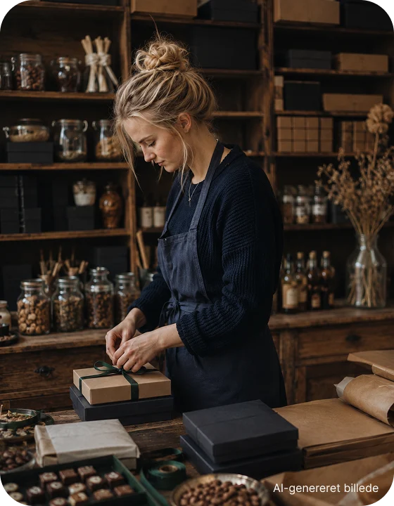 Kvinde pakker en vare ved et arbejdsbord i en butik