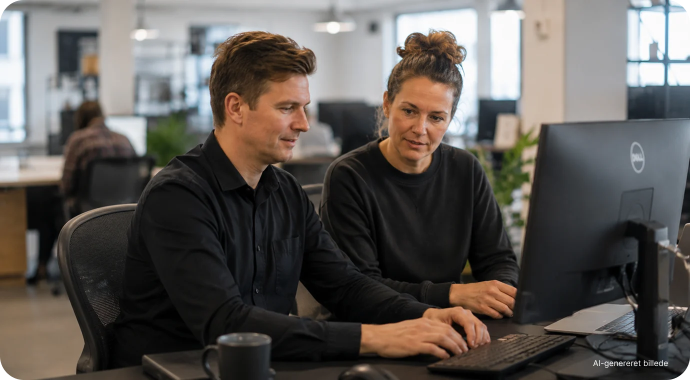 Mand og kvinde arbejder sammen ved en computer på et kontor