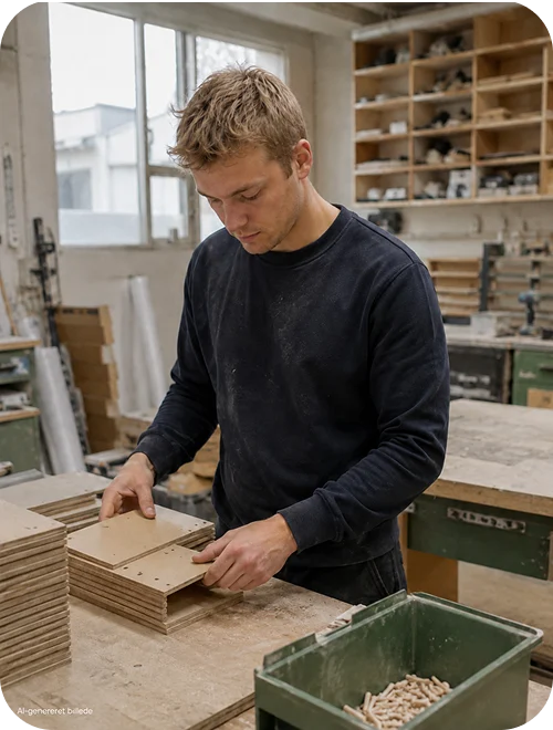 Mand arbejder med materialer ved et arbejdsbord