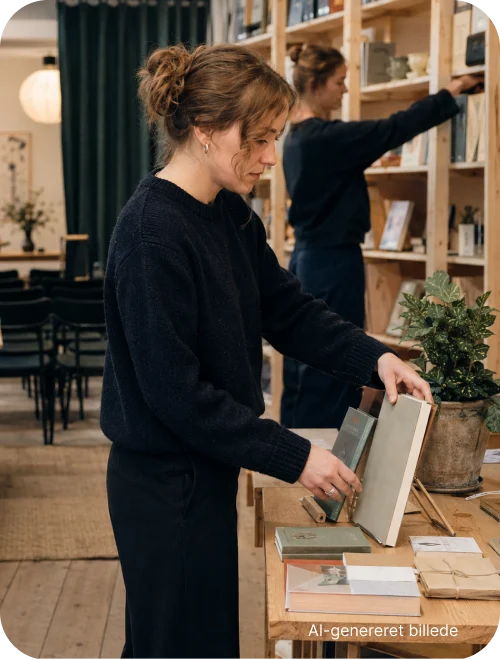 Kvinde taler med andre personer ved et arbejdsområde med materialer