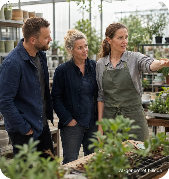 Tre personer taler sammen blandt planter på en arbejdsplads