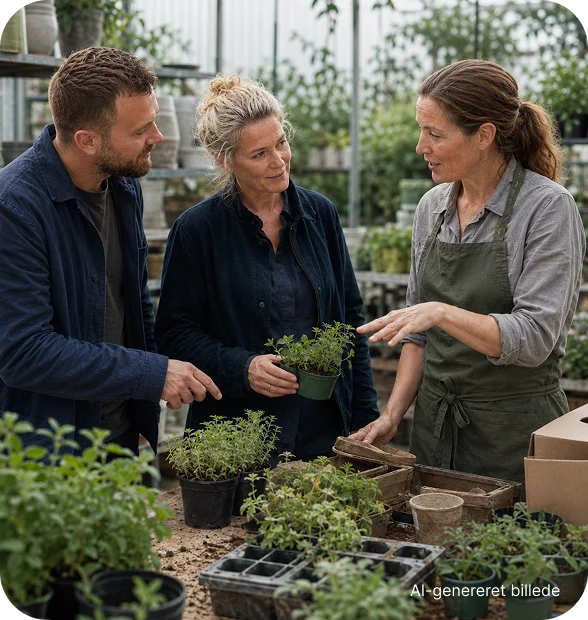 Tre personer taler sammen ved et arbejdsbord med planter