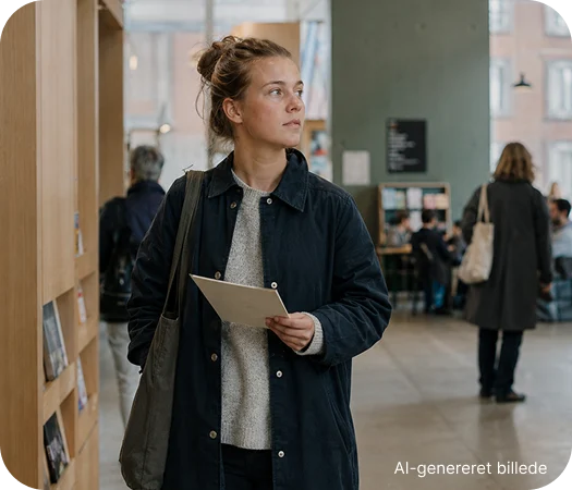 Kvinde står med papirer i hånden i et offentligt indendørs rum