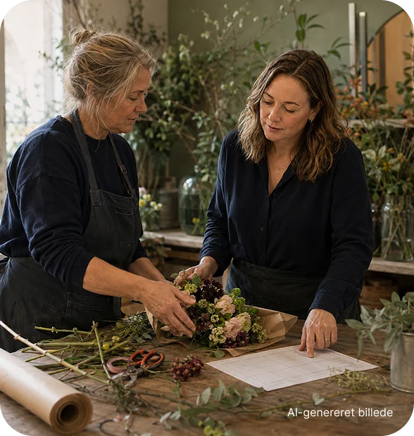 To kvinder arbejder sammen med blomster ved et arbejdsbord