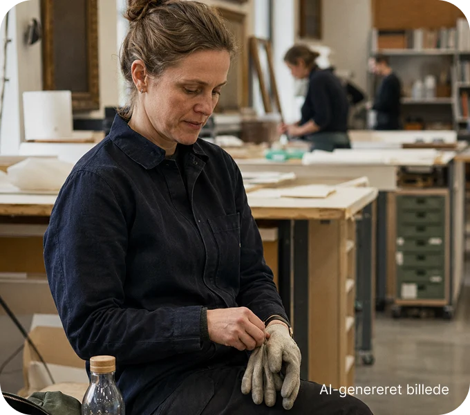 Kvinde står på en arbejdsplads med arbejdshandsker i hånden