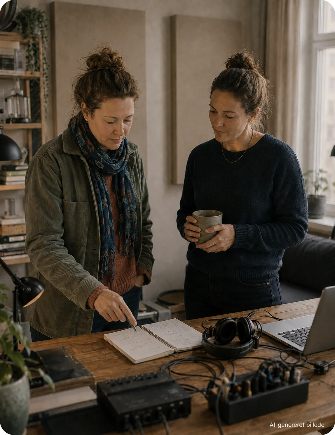 To kvinder står ved et bord med notesbog, computer og teknisk udstyr