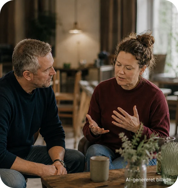 Mand og kvinde sidder sammen og taler ved et bord