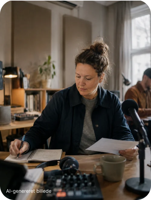 Kvinde arbejder med papirer ved et bord på en arbejdsplads
