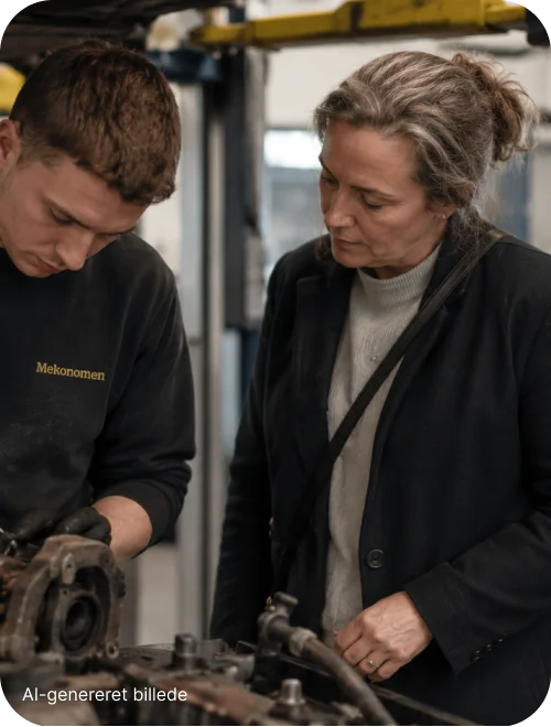 Ung mand og kvinde arbejder sammen med en maskindel på et værksted