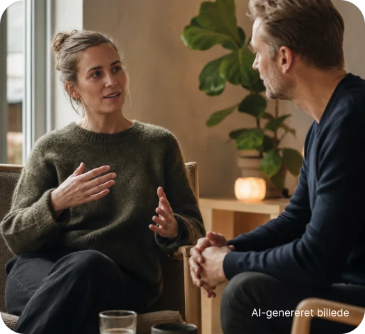 Kvinde og mand sidder over for hinanden og taler sammen