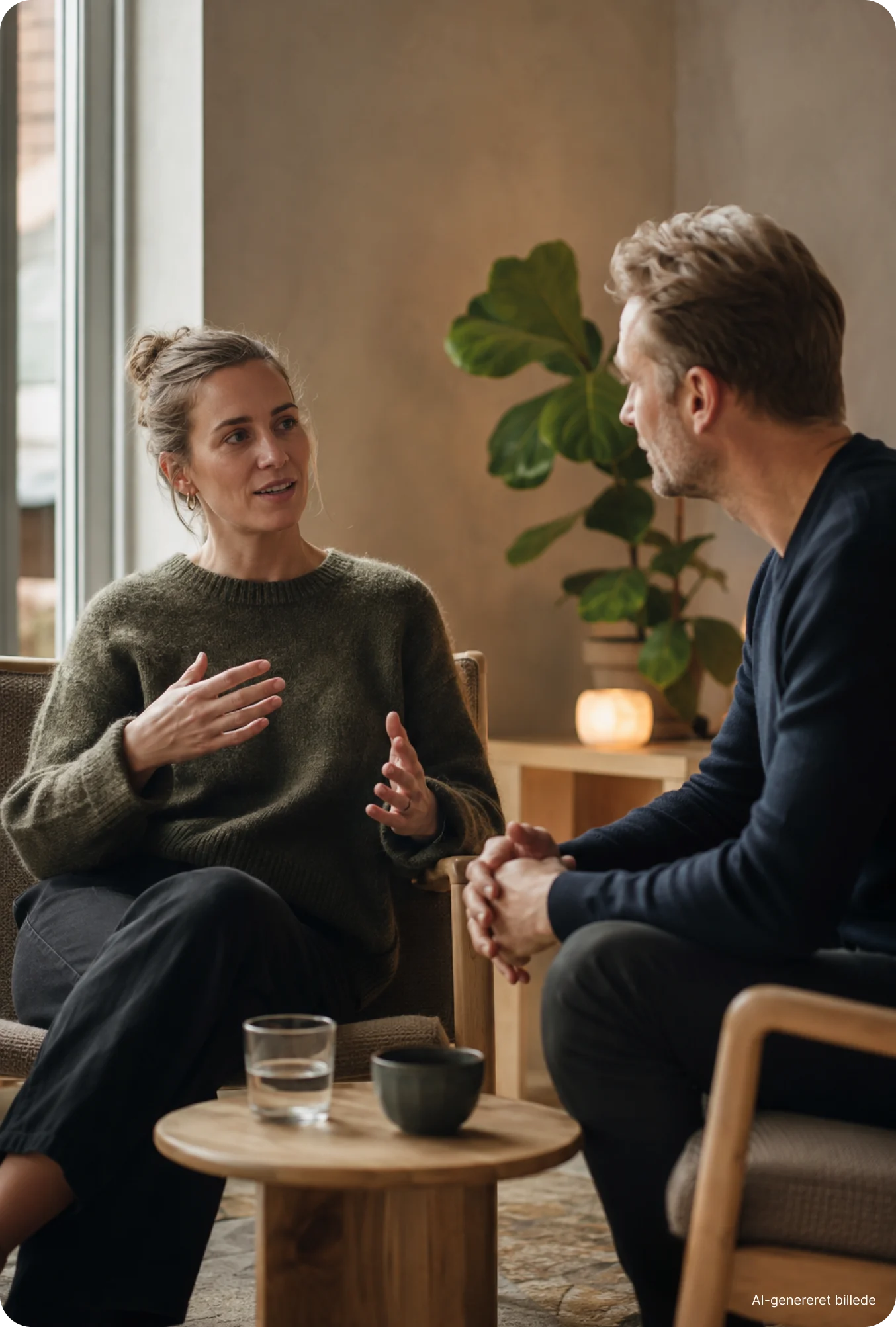Kvinde og mand sidder over for hinanden og taler sammen