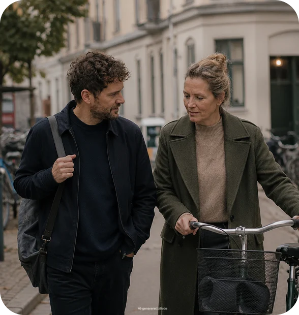 Mand og kvinde går sammen på en bygade ved en cykel