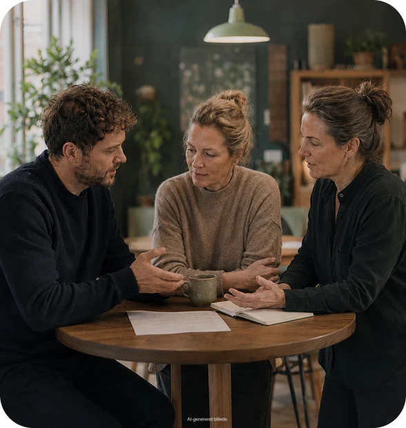 Tre personer taler sammen ved et bord med papirer og kaffekopper
