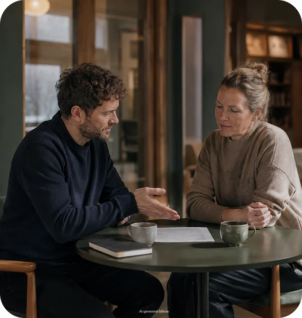 Mand og kvinde taler sammen ved et bord med papirer og kaffekopper