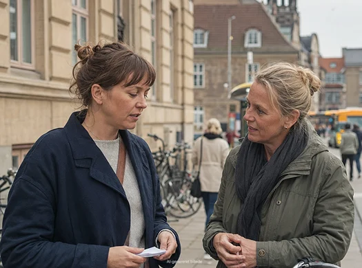 To kvinder taler sammen på en bygade ved en cykel