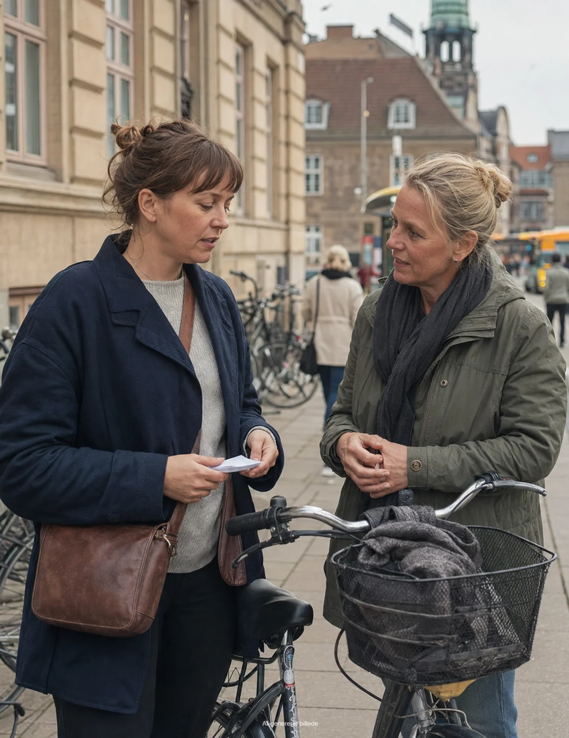 To kvinder taler sammen på en bygade ved en cykel