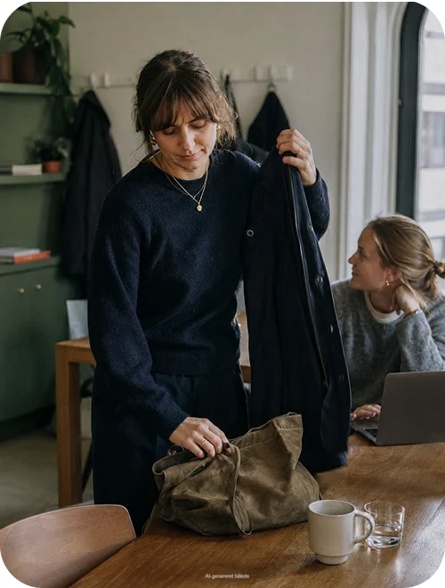 Kvinde står med en taske, mens en anden person sidder ved et bord i en bolig