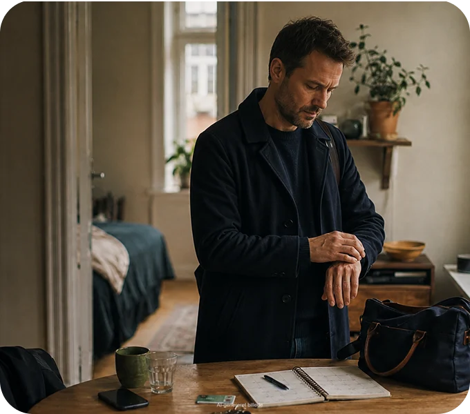 Mand står ved et bord i en bolig og ser på sit ur