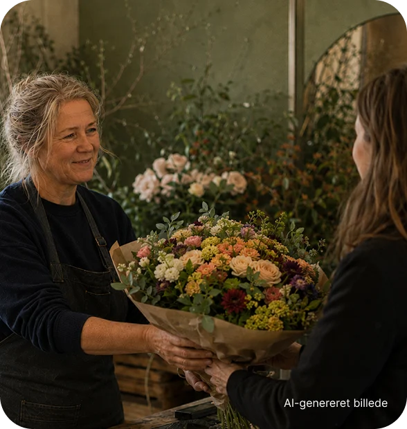 To kvinder taler sammen med en blomsterbuket mellem sig