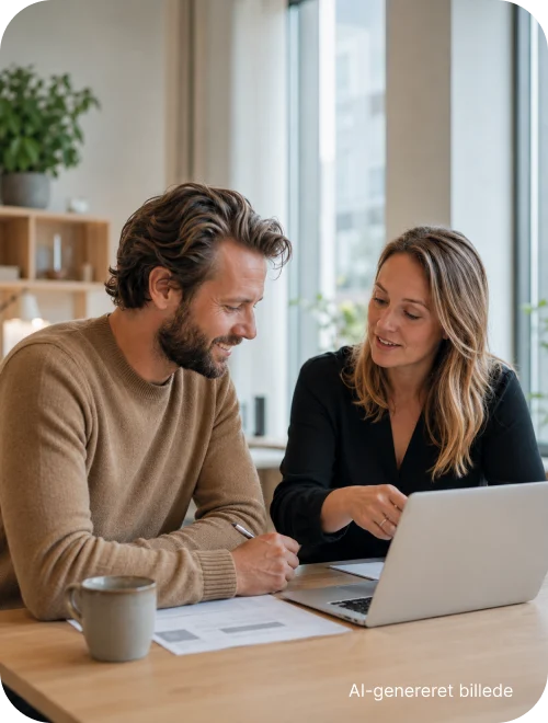 Mand og kvinde sidder ved en computer og gennemgår dokumenter