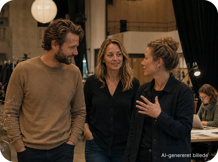 Tre personer går gennem et arbejdsmiljø og taler sammen