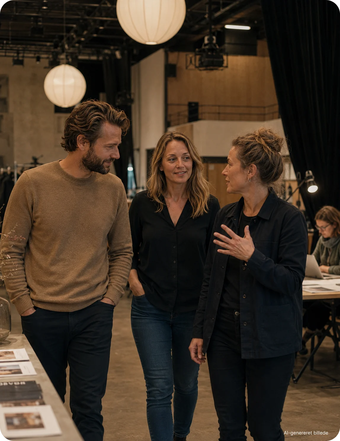 Tre personer går gennem et arbejdsmiljø og taler sammen