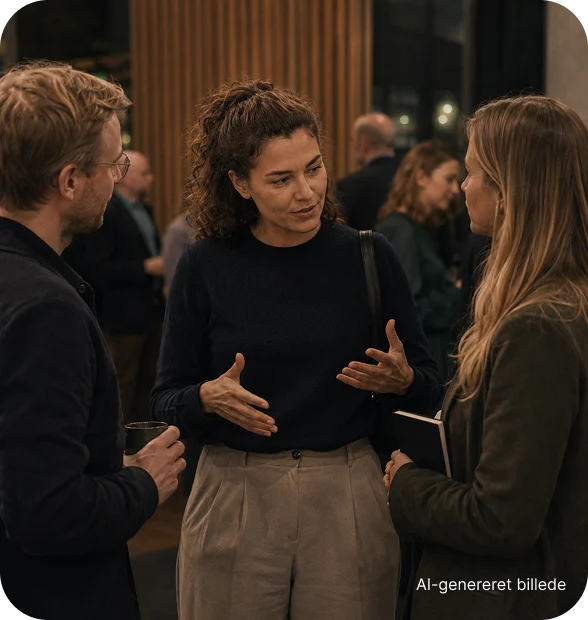 Tre personer står sammen og taler ved et arrangement
