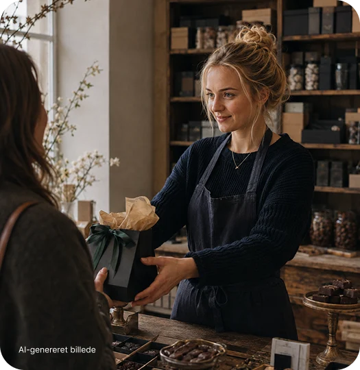 Kvinde rækker en indpakket vare til en anden kvinde i en butik
