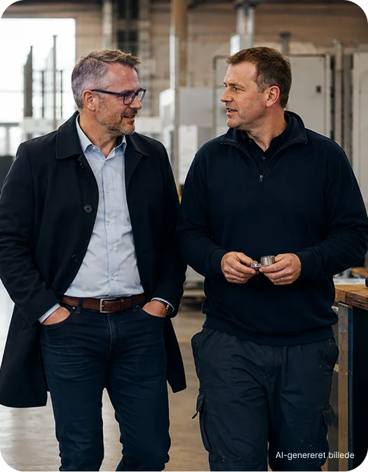 To mænd taler sammen i en produktionshal, mens medarbejdere arbejder i baggrunden