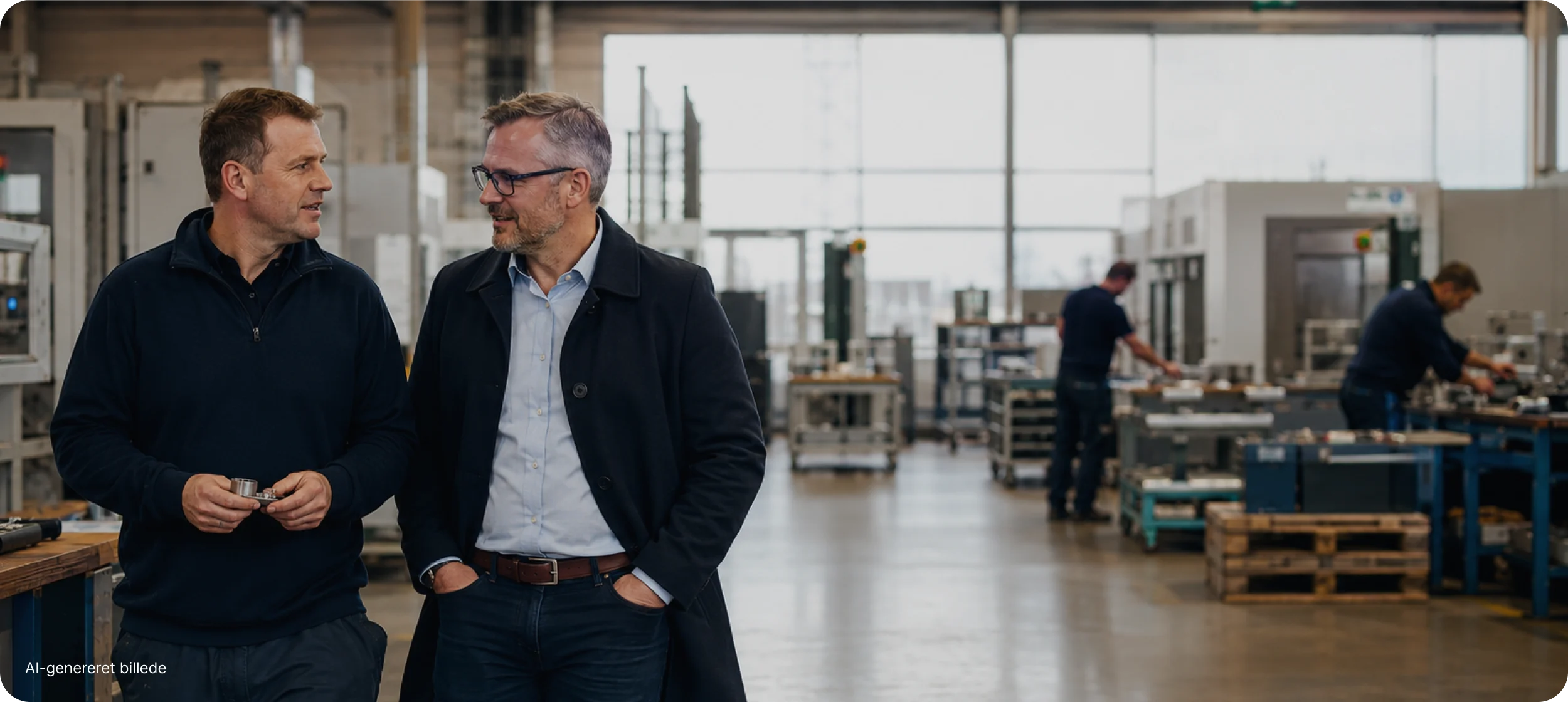To mænd taler sammen i en produktionshal, mens medarbejdere arbejder i baggrunden
