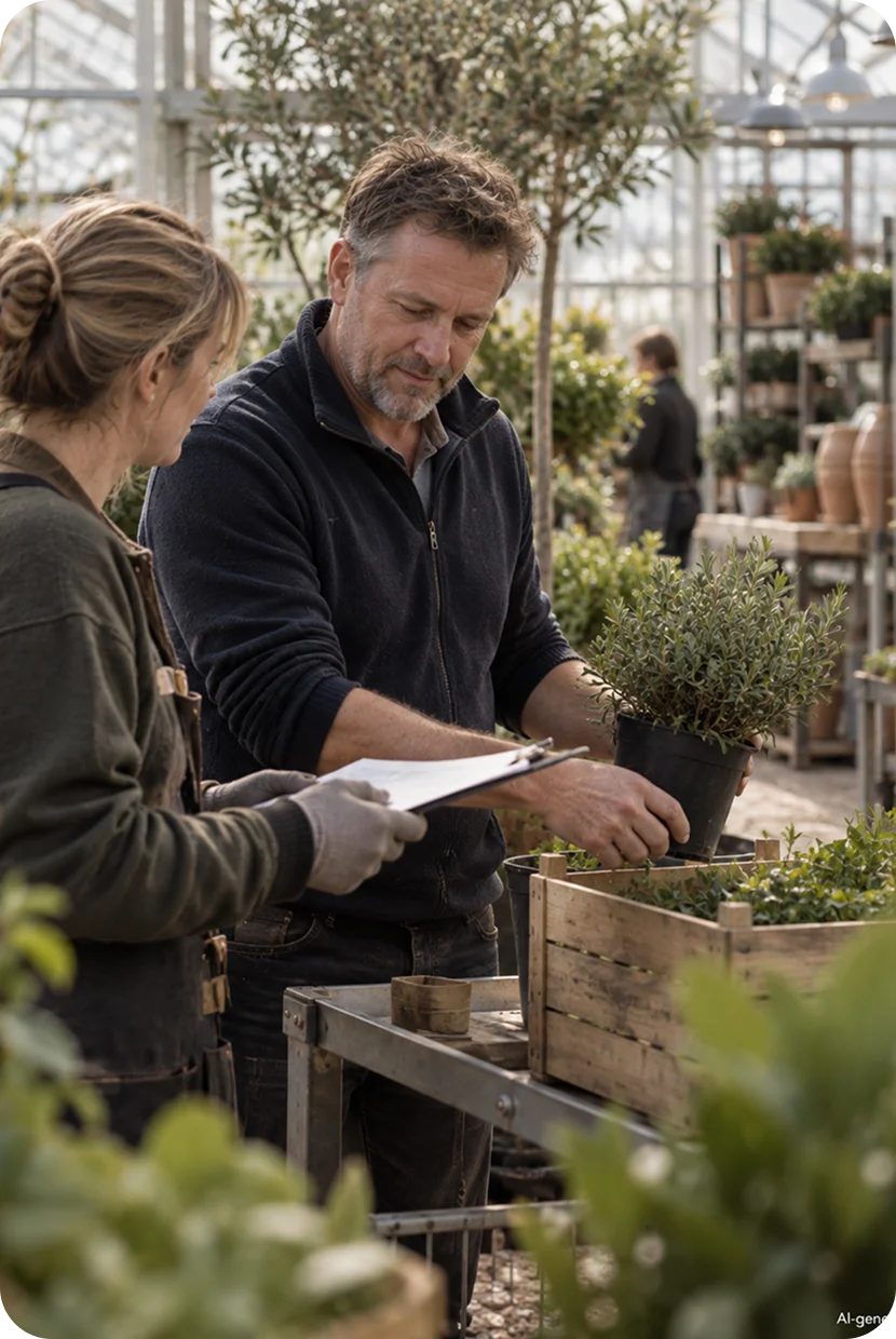 Mand og kvinde arbejder sammen med planter i et drivhusmiljø